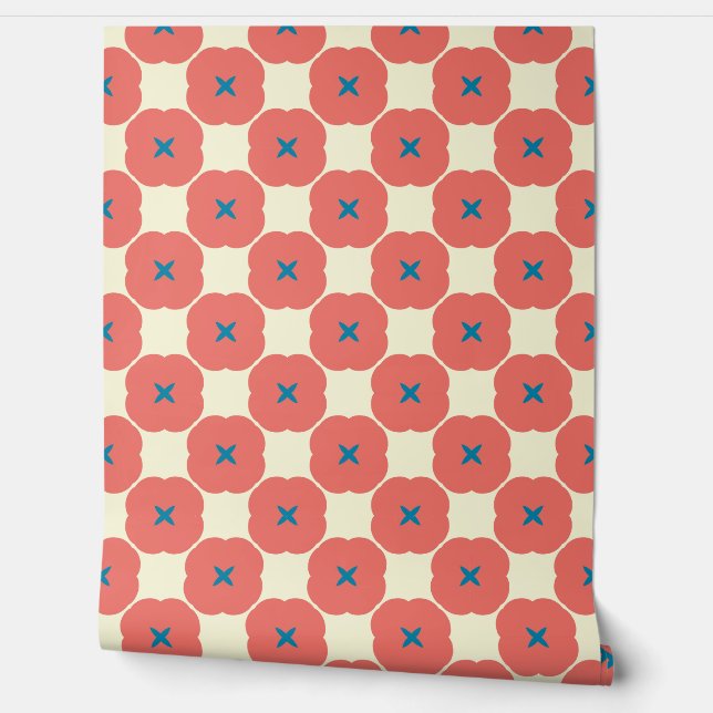 Retro Coral & Blue Graphic Floral Wallpaper (Unrolling)