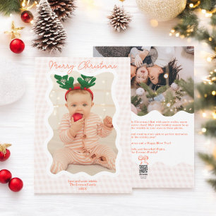 Retro coral Gingham Merry Christmas Wavy 2 photos Holiday Card