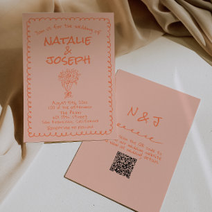 Retro Coral Hand Drawn QR Code Quirky Wedding Invitation
