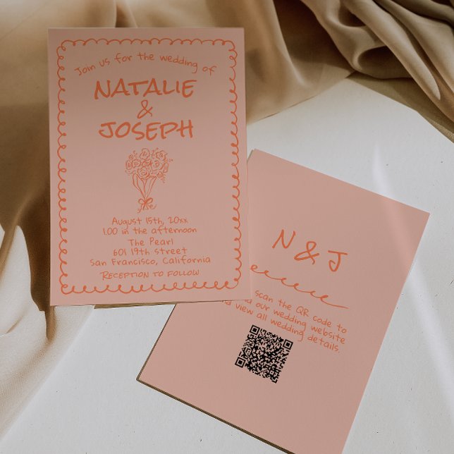 Retro Coral Hand Drawn QR Code Quirky Wedding Invitation (Creator Uploaded)