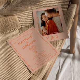 Retro Coral Hand Written Quirky Photo Wedding Invitation