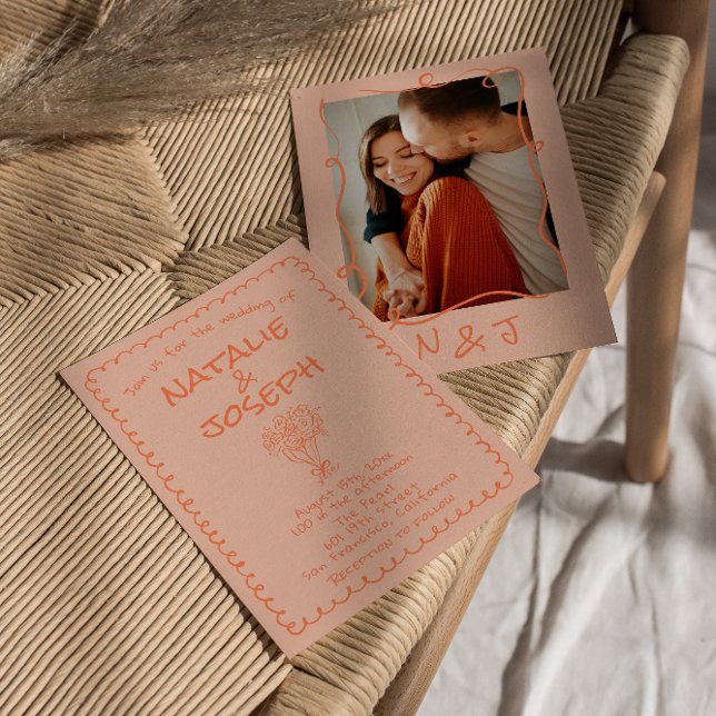 Retro Coral Hand Written Quirky Photo Wedding Invitation (Creator Uploaded)