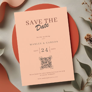 Retro Coral Peach QR Code Save The Date Wedding Invitation