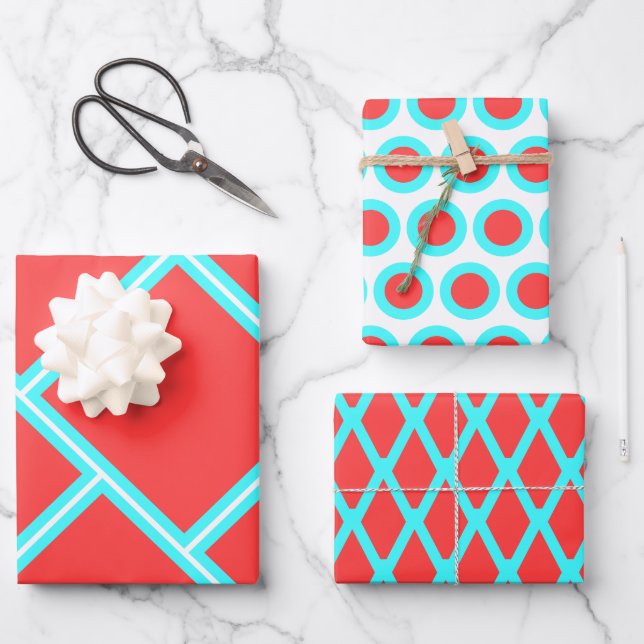 Retro Coral Red and Turquoise Geometric Patterns Wrapping Paper Sheet (Front)