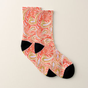Retro Coral Red Green Paisley Pattern Socks