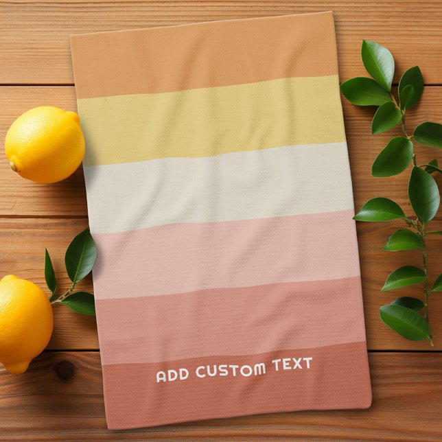 Retro Coral Sunset Stripes Minimal Sans Serif Name Tea Towel (Retro Stripes Custom Kitchen Towel)