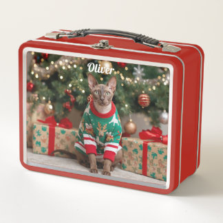 Retro Cornish Rex Cat Christmas Personalised Metal Lunch Box