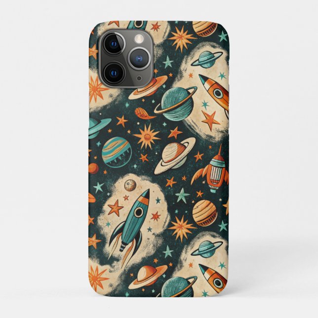 Retro Cosmic Rocket Comic Teal Gold Starburst Case-Mate iPhone Case (Back)