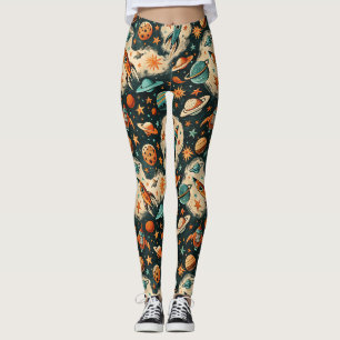 Retro Cosmic Rocket Comic Teal Gold Starburst Leggings