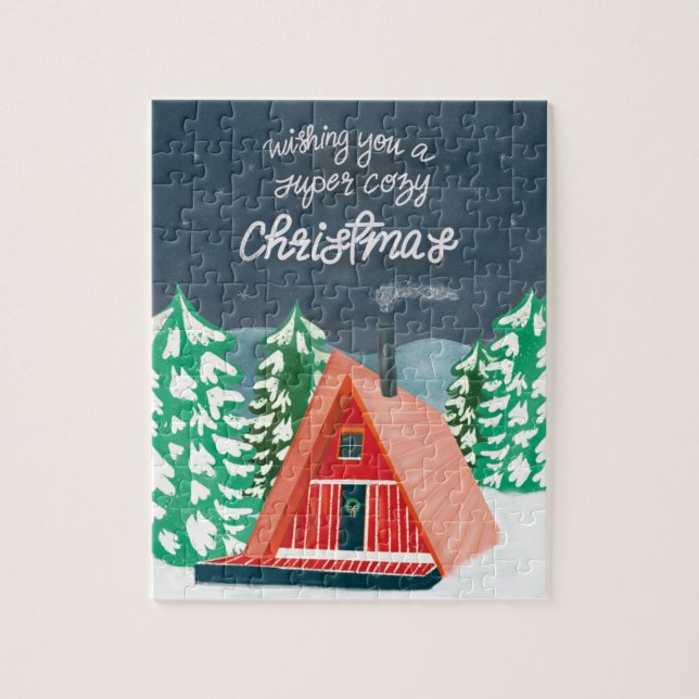 Retro Cosy Cabin in the Woods Christmas Jigsaw Puzzle (Vertical)