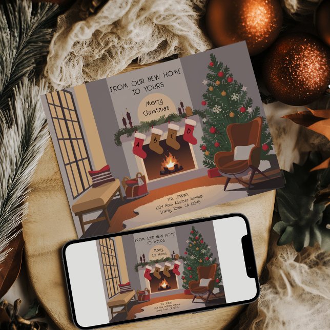 Retro Cosy Christmas Living Room Moving Announcement (Retro Cozy Christmas Monogram Stockings Card .. Holiday Moving Announcement by Darling & May)