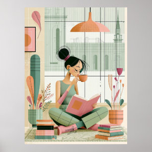 Retro Cosy Reading Room Girl Wall Art Decor Poster