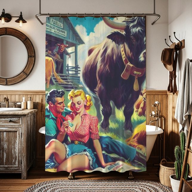 Retro Country Couple Illustration Shower Curtain (Creator Uploaded)