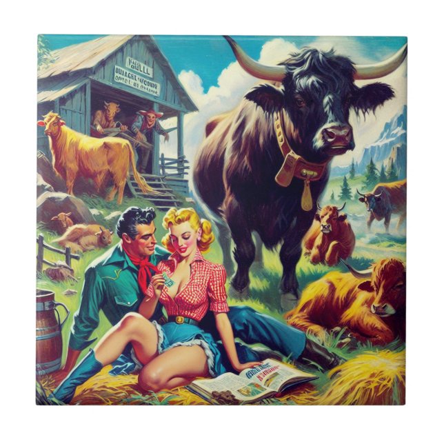 Retro Country Couple Illustration Tile (Front)