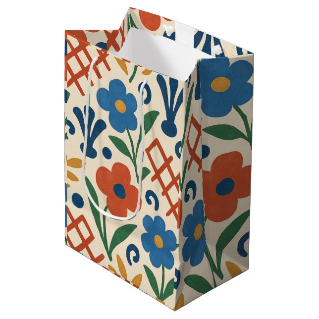 Retro Country Floral Trellis Pattern Medium Gift Bag (Front Angled)