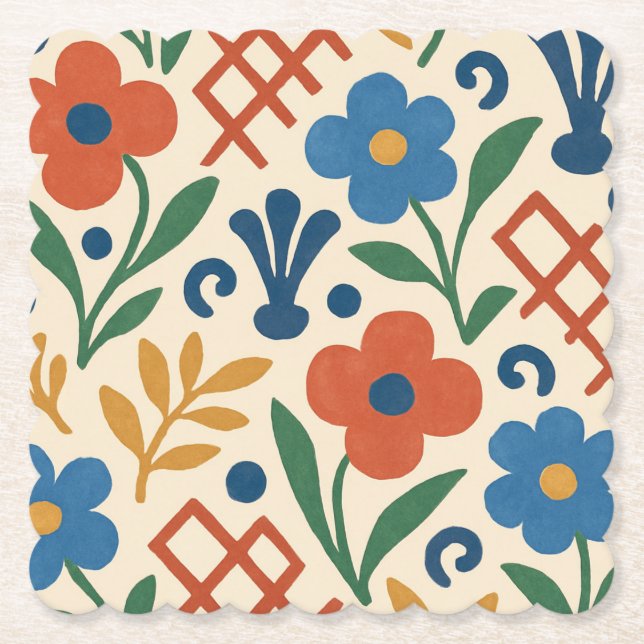 Retro Country Floral Trellis Pattern Paper Coaster (Front)
