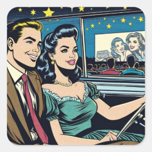Retro Couple at Drive-In Movie Square Sticker