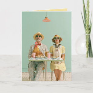 Retro Couple Dining with Chicken and Dog Card