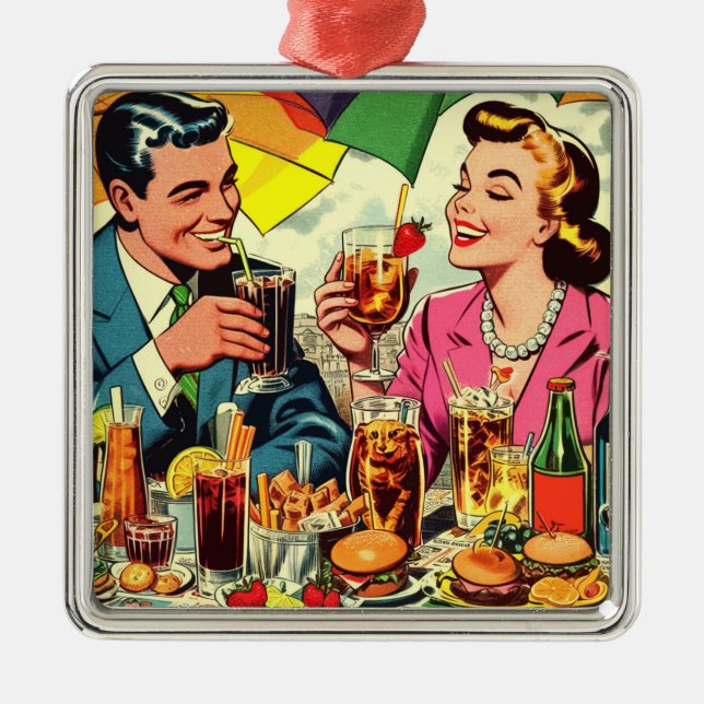 Retro Couple Drinks Comics Metal Tree Decoration (Front)