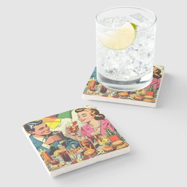 Retro Couple Drinks Comics Stone Coaster (Side)
