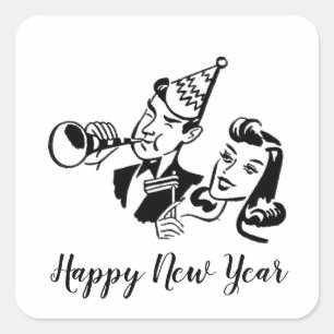 Retro Couple Happy New Year Square Sticker