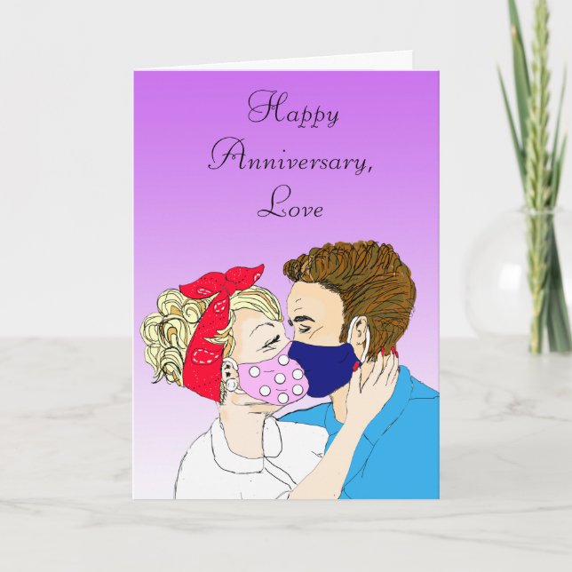 Retro Couple Kissing with Facemasks on Card (Front)