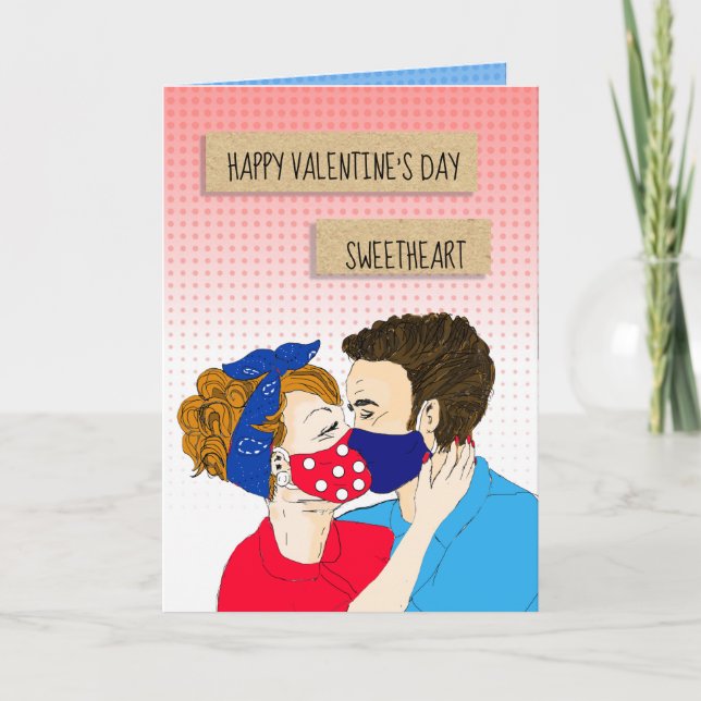 Retro Couple Kissing with Facemasks Valentines Day Card (Front)