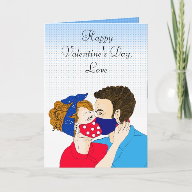 Retro Couple Kissing with Facemasks Valentines Day Card (Front)