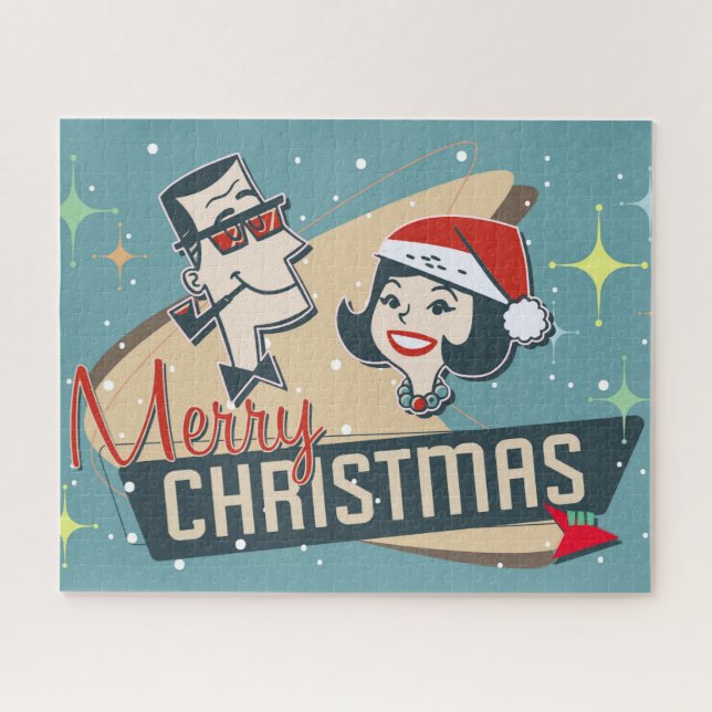 Retro Couple Merry Christmas Vintage Holiday Jigsaw Puzzle (Horizontal)