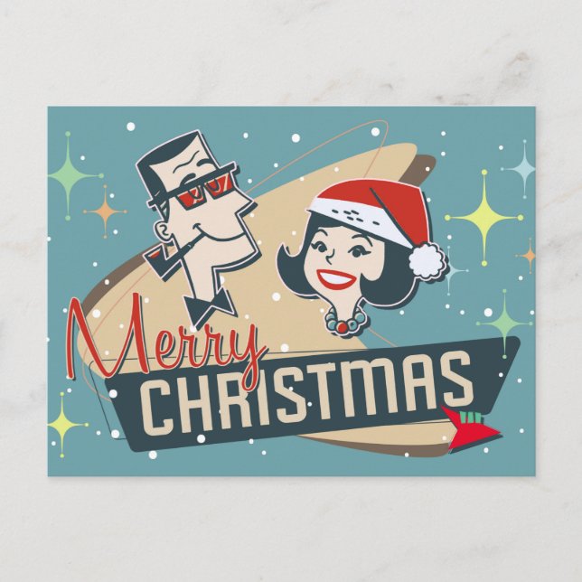 Retro Couple Merry Christmas Vintage Holiday Postcard (Front)