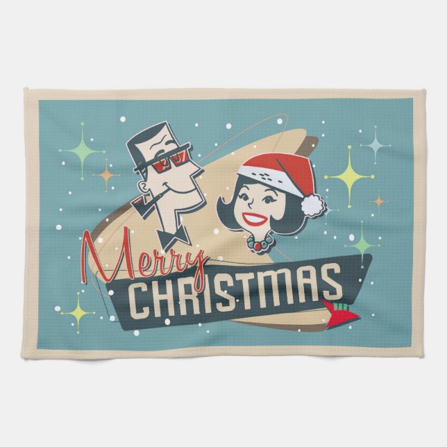 Retro Couple Merry Christmas Vintage Holiday Tea Towel (Horizontal)