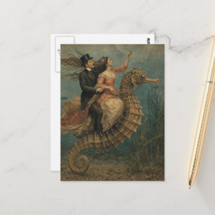 Retro Couple on a Seahorse Fantasy Postcard