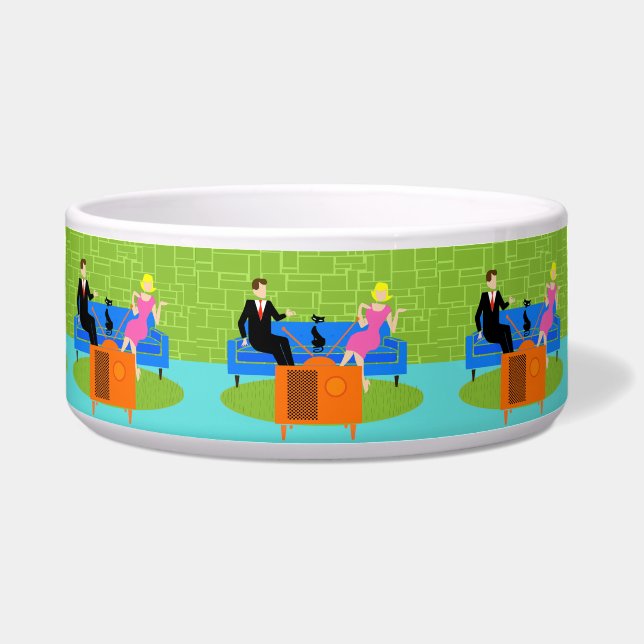 Retro Couple with Cat Ceramic Pet Bowl (Front)