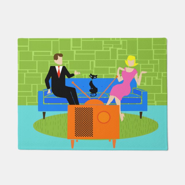 Retro Couple with Cat Door Mat (Front)