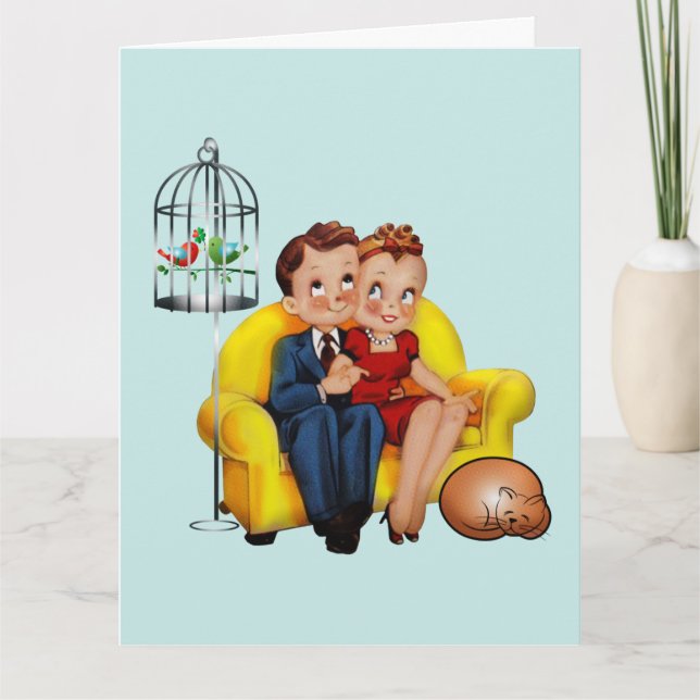 RETRO COUPLE with cat HAPPY ANNIVERSARY CARDS (Front)