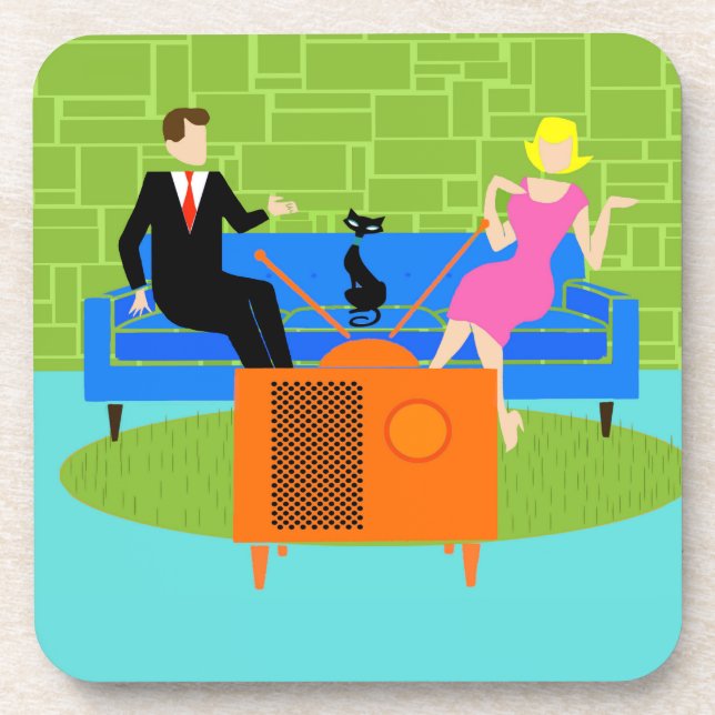 Retro Couple with Cat Hard Plastic Coasters (Front)