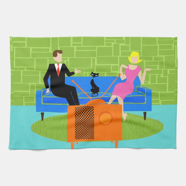 Retro Couple with Cat Kitchen Towel (Horizontal)