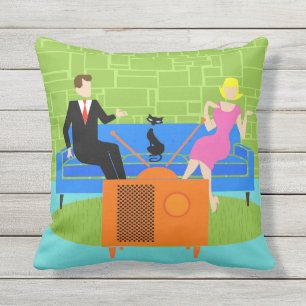 Retro Couple with Cat Outdoor Pillow