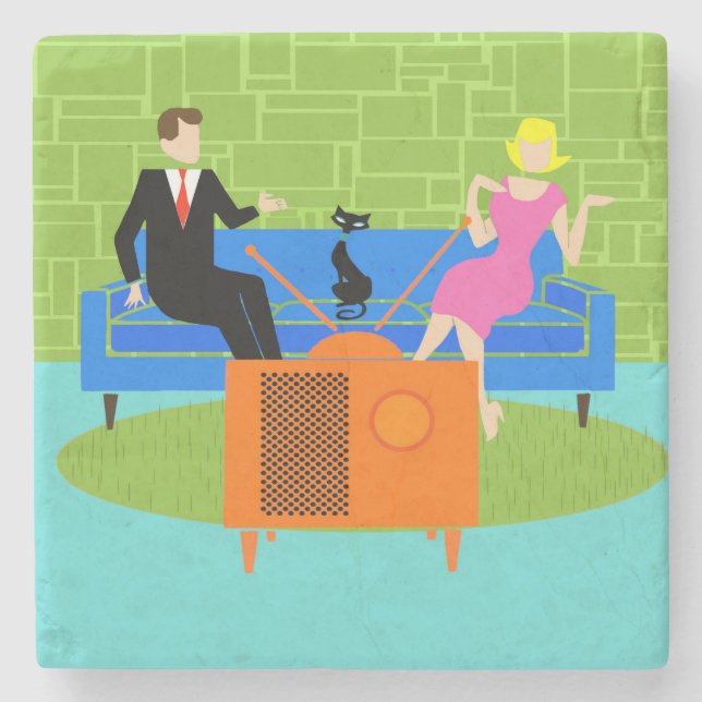 Retro Couple with Cat Stone Coaster (Front)