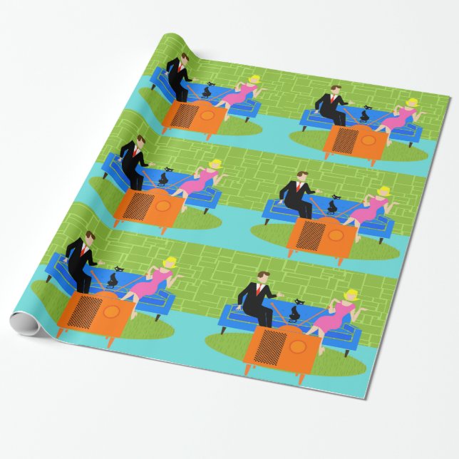 Retro Couple with Cat Wrapping Paper (Unrolled)