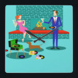 Retro Couple with Dog Acrylic Wall Clock<br><div class="desc">This Retro Couple with Dog Acrylic Wall Clock looks like a scene out of a romantic comedy. The 1960s's style, minimalist art design features an attractive couple enjoying a romantic evening at home. The sophisticated room prominently features an aqua and teal brick fireplace with a bright red ledge. A beautiful,...</div>