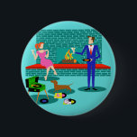 Retro Couple with Dog Button<br><div class="desc">This Retro Couple with Dog Button looks like a scene out of a romantic comedy. The 1960s's style, minimalist art design features an attractive couple enjoying a romantic evening at home. The sophisticated room prominently features an aqua and teal brick fireplace with a bright red ledge. A beautiful, redhead woman...</div>