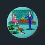 Retro Couple with Dog Button<br><div class="desc">This Retro Couple with Dog Button looks like a scene out of a romantic comedy. The 1960s's style, minimalist art design features an attractive couple enjoying a romantic evening at home. The sophisticated room prominently features an aqua and teal brick fireplace with a bright red ledge. A beautiful, redhead woman...</div>