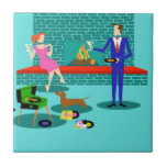 Retro Couple with Dog Ceramic Tile<br><div class="desc">This Retro Couple with Dog Ceramic Tile looks like a scene out of a romantic comedy. The 1960s's style, minimalist art design features an attractive couple enjoying a romantic evening at home. The sophisticated room prominently features an aqua and teal brick fireplace with a bright red ledge. A beautiful, redhead...</div>