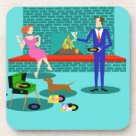 Retro Couple with Dog Hard Plastic Coasters<br><div class="desc">These Retro Couple with Dog Hard Plastic Coasters look like a scene out of a romantic comedy. The 1960s's style, minimalist art design features an attractive couple enjoying a romantic evening at home. The sophisticated room prominently features an aqua and teal brick fireplace with a bright red ledge. A beautiful,...</div>