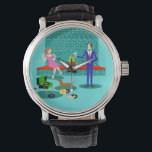 Retro Couple with Dog Men's Watch<br><div class="desc">This Retro Couple with Dog Watch looks like a scene out of a romantic comedy. The 1960s's style, minimalist art design features an attractive couple enjoying a romantic evening at home. The sophisticated room prominently features an aqua and teal brick fireplace with a bright red ledge. A beautiful, redhead woman...</div>