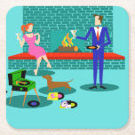 Retro Couple with Dog Paper Coaster<br><div class="desc">This Retro Couple with Dog Paper Coaster looks like a scene out of a romantic comedy. The 1960s's style, minimalist art design features an attractive couple enjoying a romantic evening at home. The sophisticated room prominently features an aqua and teal brick fireplace with a bright red ledge. A beautiful, redhead...</div>
