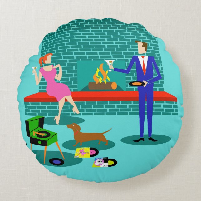 Retro Couple with Dog Round Pillow (Front)