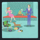 Retro Couple with Dog Stone Coaster<br><div class="desc">This Retro Couple with Dog Stone Coaster looks like a scene out of a romantic comedy. The 1960s's style, minimalist art design features an attractive couple enjoying a romantic evening at home. The sophisticated room prominently features an aqua and teal brick fireplace with a bright red ledge. A beautiful, redhead...</div>