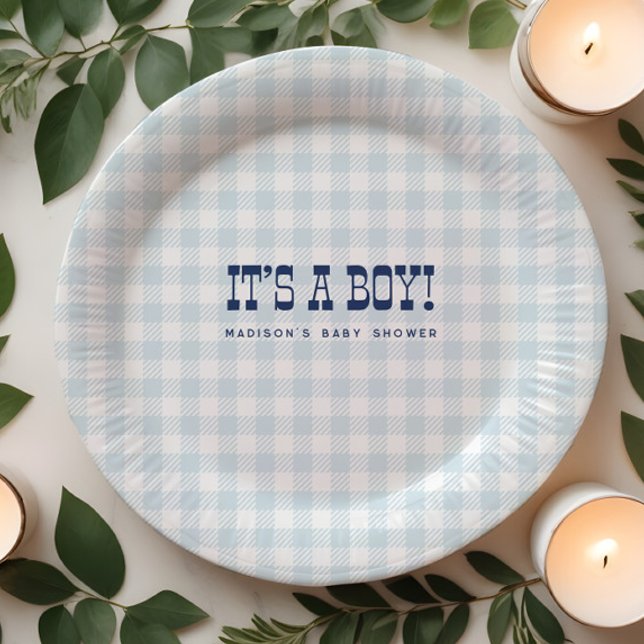 Retro Cowboy Blue Gingham Boy Baby Shower Plates (Creator Uploaded)